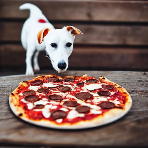 Prompt: photo of a white jack russel eating pizza