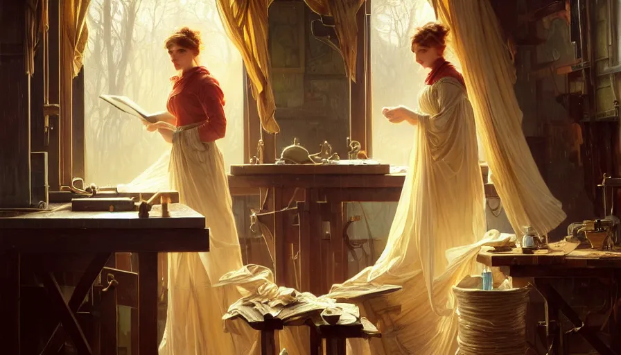 Prompt: highly detailed oil painting | very intricate | cinematic lighting | award - winning | craftsman | building a piece of furniture in their workshop | by charlie bowater, by greg rutkowski, by j. c. leyendecker and edmund blair leighton, beautiful cinematic light, american romanticism, by alphonse mucha, artstation, cgsociety, official art, octane