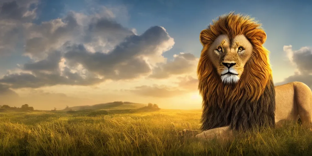 Prompt: aslan the lion, composition, hyper realistic, volumetric lighting. studio lighting, wallpaper, meadow in the background, sunrise, clear sky