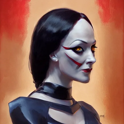 Image similar to greg manchess portrait painting of partially armored morticia from addams family as overwatch character, medium shot, asymmetrical, profile picture, organic painting, sunny day, matte painting, bold shapes, hard edges, street art, trending on artstation, by huang guangjian and gil elvgren and greg rutkowski