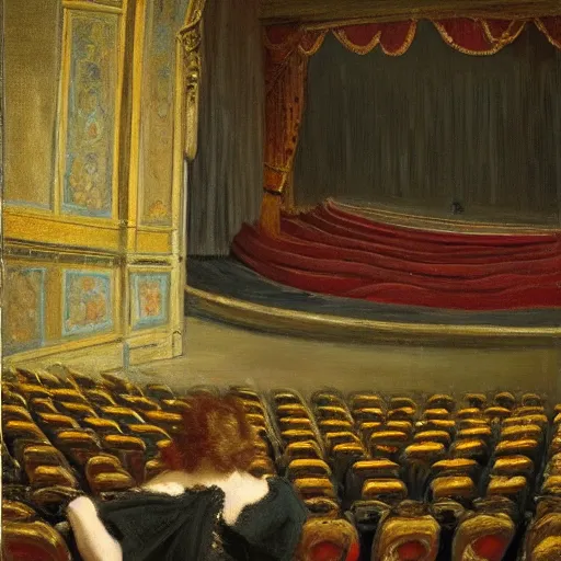 Prompt: an actress on stage in an old theater, only a single visitor in the audience, by alfred stevens