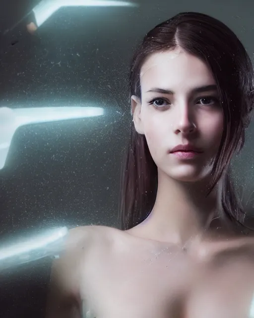 Prompt: a highly realistic, true to life portrait of a beautiful young cyberpunk woman, sharp focus, from the waist up, with sharp features, a beautiful face, soft smile, under studio lighting, taken with a canon eos camera with 1 3 5 mm focal length, volumetric lighting, epic, masterpiece, by greg rutkowski