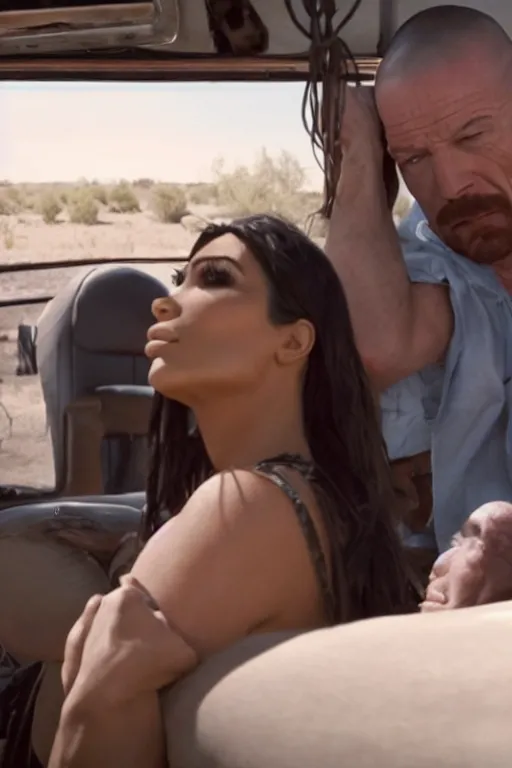 Image similar to film still of kim kardashian put in a headlock by walter white, inside an old rv on the tv show breaking bad, full-shot, 4k