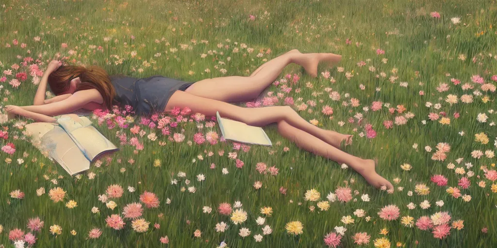 Image similar to a girl laying in a field of flowers reading a book, greg rutkowski, zabrocki, karlkka, jayison devadas, trending on artstation, 8 k, ultra wide angle, zenith view, pincushion lens effect