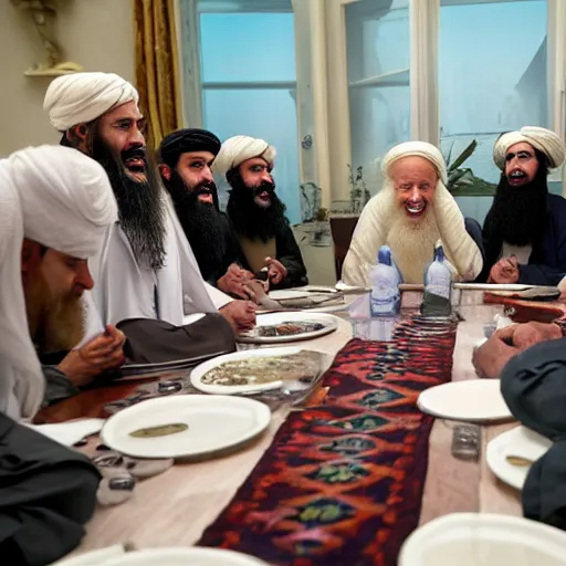 Image similar to 4 k hdr portrait wide angle photo of president joe biden as a taliban muslim leader with a beard laughing at a dinner table meeting surrounded by taliban terrorist leaders who are dancing with oil barrels in the background