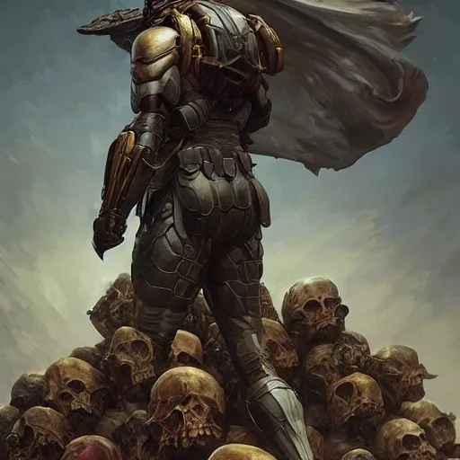 Prompt: a full body shot from behind of a super soldier standing on a pile of skulls in triumph after battle, western, D&D, fantasy, intricate, elegant, highly detailed, digital painting, artstation, concept art, matte, sharp focus, illustration, art by Artgerm and Greg Rutkowski and Alphonse Mucha