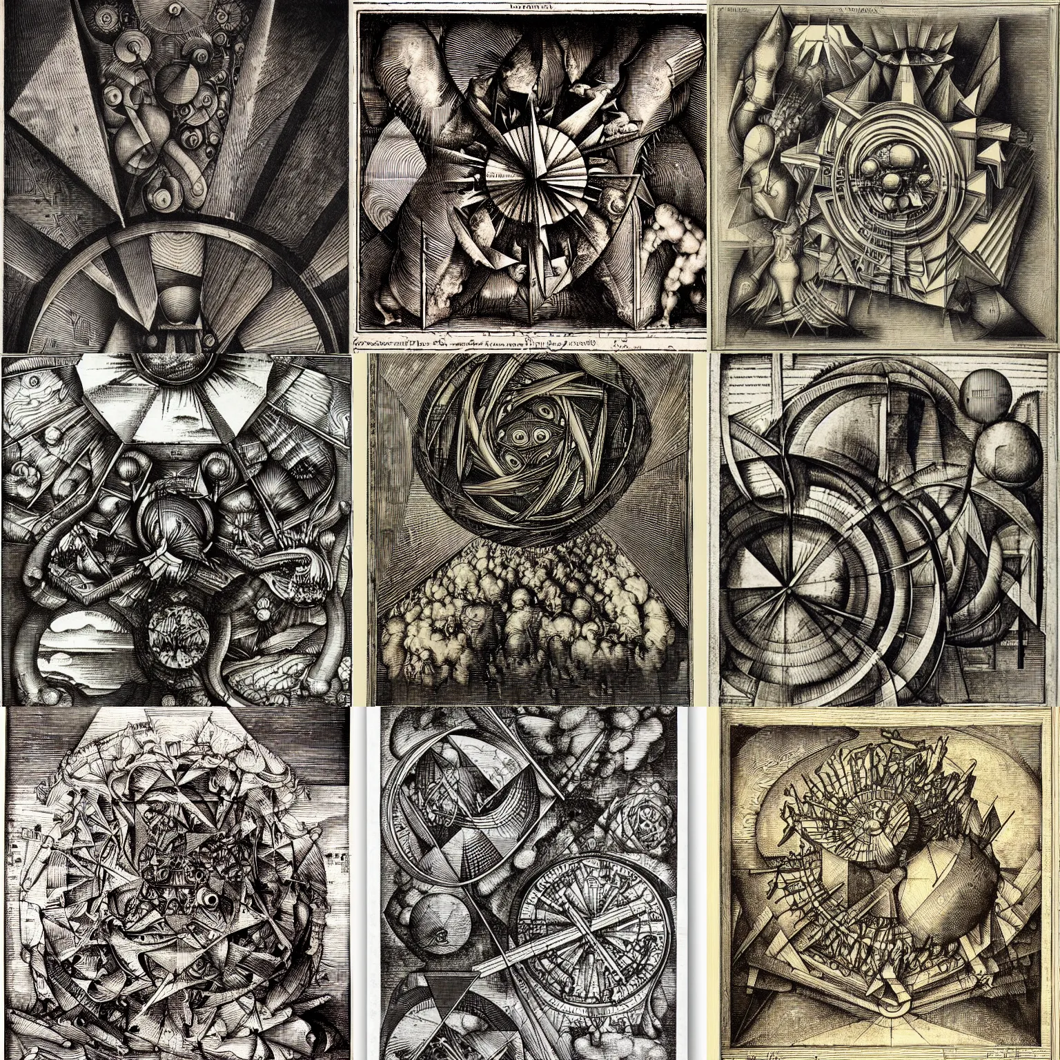 Prompt: abstract art, engine of creation, geometric, engraving by albrecht durer