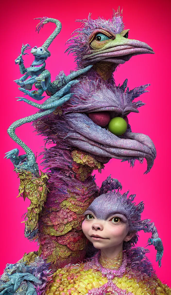 Prompt: hyper detailed 3d render like a Oil painting - kawaii portrait of two Aurora (a beautiful skeksis muppet fae princess protective playful from dark crystal that looks like Anya Taylor-Joy) seen red carpet photoshoot in UVIVF posing in scaly dress to Eat of the Strangling network of yellowcake aerochrome and milky Fruit and His delicate Hands hold of gossamer polyp blossoms bring iridescent fungal flowers whose spores black the foolish stars by Jacek Yerka, Ilya Kuvshinov, Mariusz Lewandowski, Houdini algorithmic generative render, Abstract brush strokes, Masterpiece, Edward Hopper and James Gilleard, Zdzislaw Beksinski, Mark Ryden, Wolfgang Lettl, hints of Yayoi Kasuma and Dr. Seuss, octane render, 8k