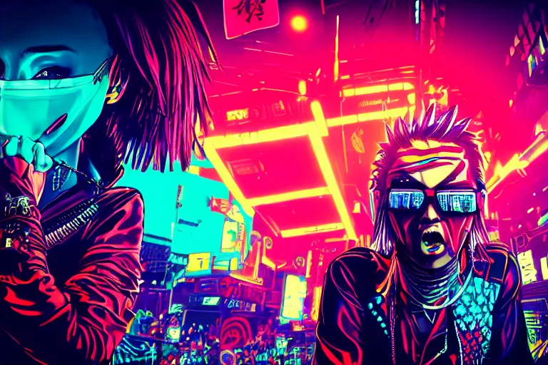 Image similar to pop art of a punk at a japanese metal concert in a cyberpunk world, bright neon colors, intricate details, complementary colors, detailed face, backlighting, octane render, depth of field, extremely detailed, trending in artstation, focus on face, sharp focus, radiant light, beautiful composition