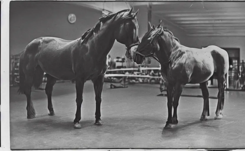 Image similar to strong cart horse with big muscles in a gym, photograph, strong, 1 8 5 0 s, 1 9 8 0 s