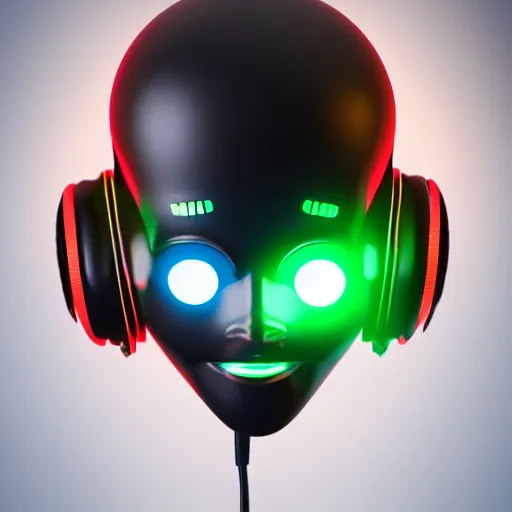 Image similar to a glossy claymodel of a tribal futurism robot head with glowing headphones, 8 k, symetrical, flourescent colors, halluzinogenic, multicolored, very detailed, black background, 3 d render,