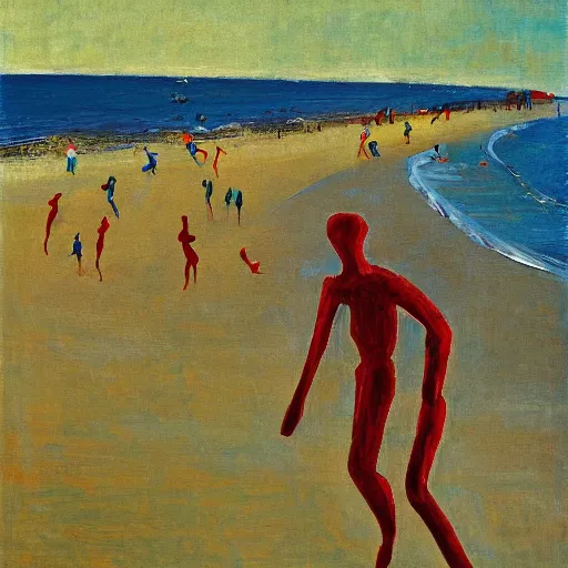 Prompt: a running man on the beach, long arm, painted by Asger Jorn, Peter Doig, minimalist oil paint with thick brushstrokes of paint, ultra detailed 16k