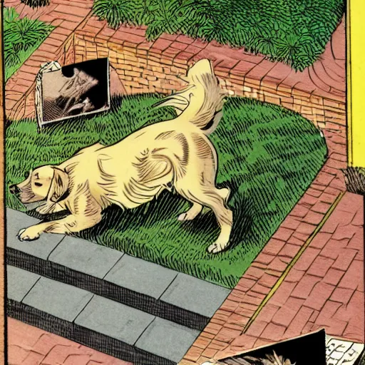 Image similar to golden retriever walking on a garden, isometric aerial panel, comic art by kirby, gibbons and buscema