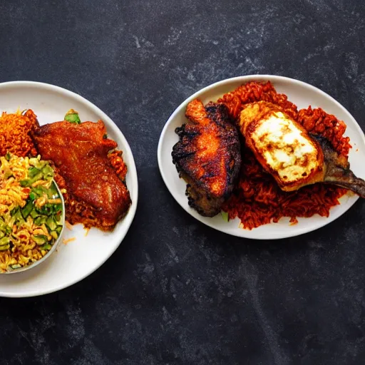 Image similar to jollof rice with fried haloumi cheese on the side, bbq ribs on the side, and lentils next to jollof