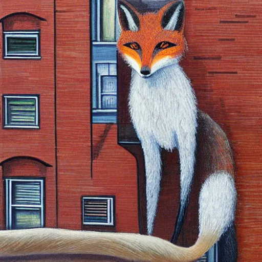 Image similar to anthropomorphic fox standing on a rooftop looking down on the city streets below, highly detailed painting