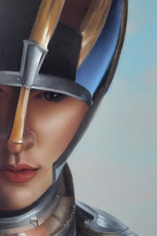 Image similar to hyperrealism oil painting, close - up portrait of caucasian medieval fashion model, knight, steel gradient mixed with nebula sky, in style of baroque mixed with 7 0 s japan book art