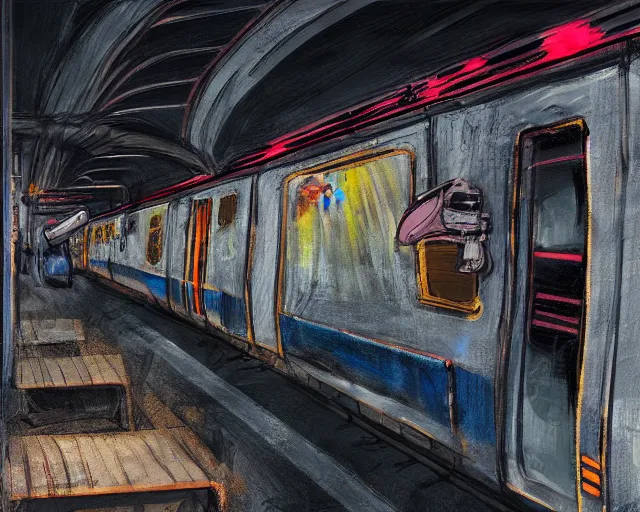 Prompt: urban nyc subway decay gothics, comic style painting with oil on cardboard, intense brushstrokes with rough brush, Storybook Illustration, cinematic color palette, UV, 4K