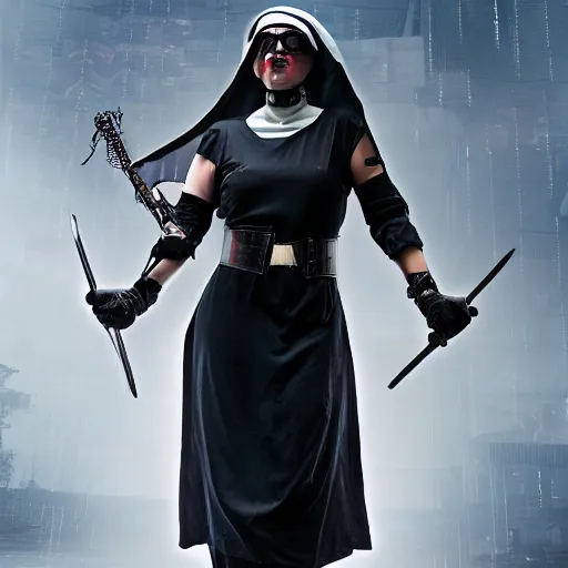 Image similar to photo of a cyberpunk nun warrior