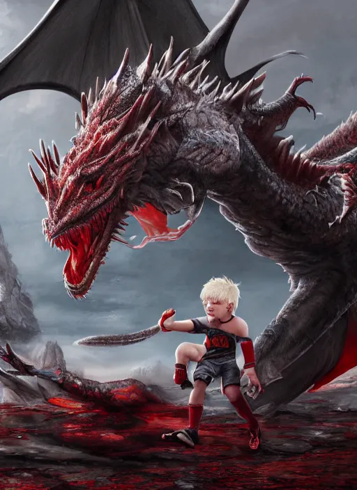 Image similar to albino kid fightings dragon, fluent composition, photograph, red white and black, concept art, ambient light, 4 k, intricate details, highly professionally detailed, cgsociety, highly detailed -