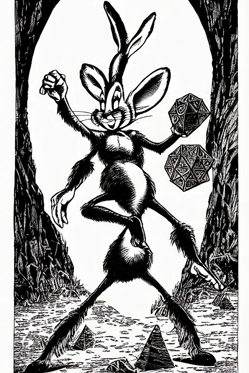 Image similar to bugs bunny as a d & d monster, full body, pen - and - ink illustration, etching, by russ nicholson, david a trampier, larry elmore, 1 9 8 1, hq scan, intricate details, stylized border