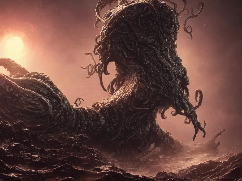 Image similar to An ancient lovecraftian elder god Cthulhu eating a planet art by Maciej Kuciara and Jason Chan, ominous, cosmic horror, trending on artstation, Ultra detailed, hyper realistic 4k