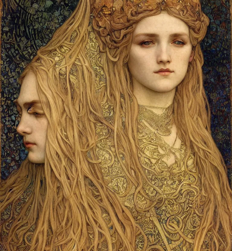 Image similar to detailed realistic beautiful young medieval queen face portrait by jean delville, alphonse mucha, vincent van gogh, and marco mazzoni, art nouveau, symbolist, visionary, gothic, pre - raphaelite