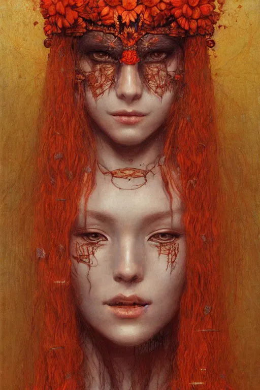 Prompt: portrait of beautiful young mainem, warhammer, japaneese style, cyberpunk armor, a lot of more scars, more and more flowers, orange head, the middle ages, highly detailed, artstation, illustration, art by jean delville, 8 k quality