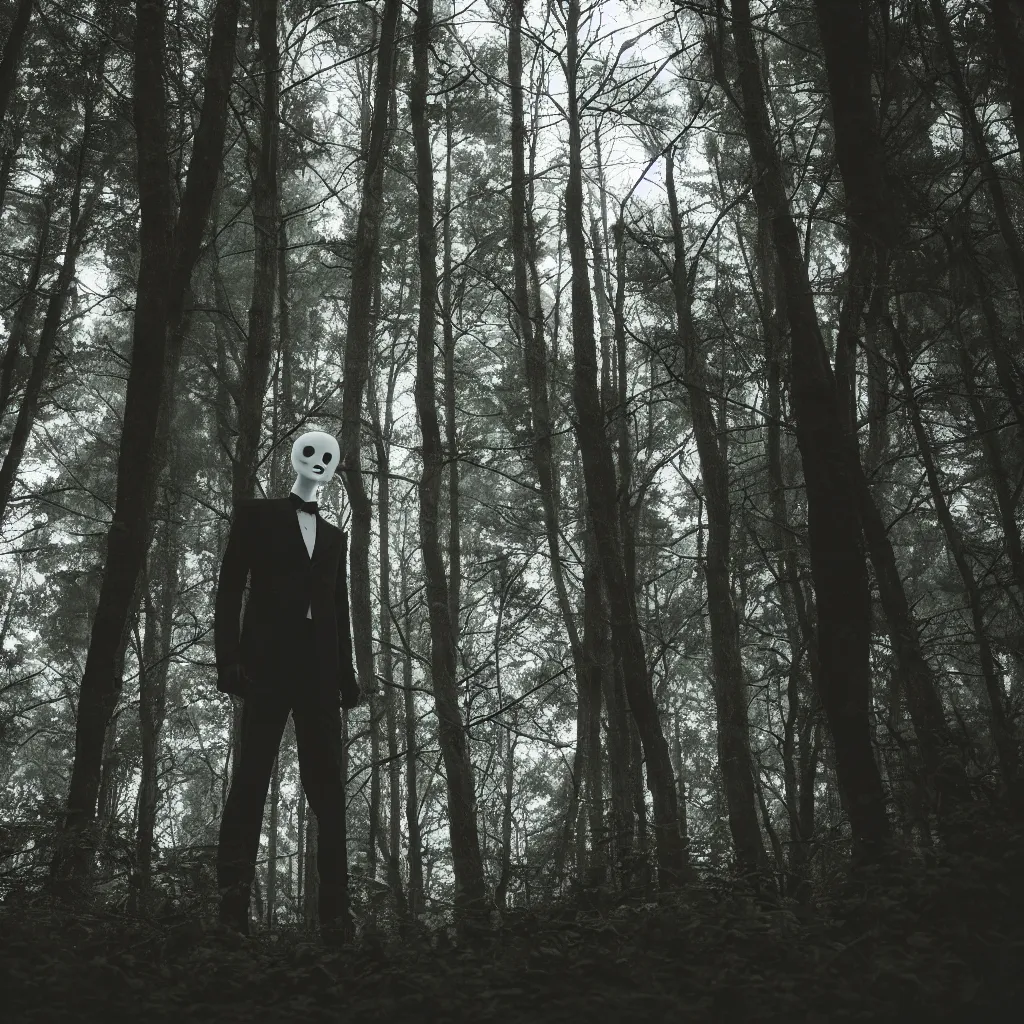 Image similar to cinematic still of slenderman in eerie dark forest, XF IQ4, f/1.4, ISO 200, 1/160s, 8K, RAW, dramatic lighting, symmetrical balance, in-frame