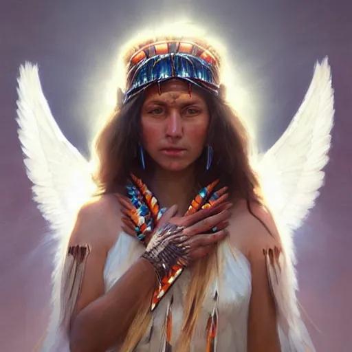 Image similar to Portrait of a Native American Goddess with angel wings, and a glowing halo, white lighting, digital art by Ruan Jia and Mandy Jurgens and Artgerm, highly detailed, trending on artstation, award winning,