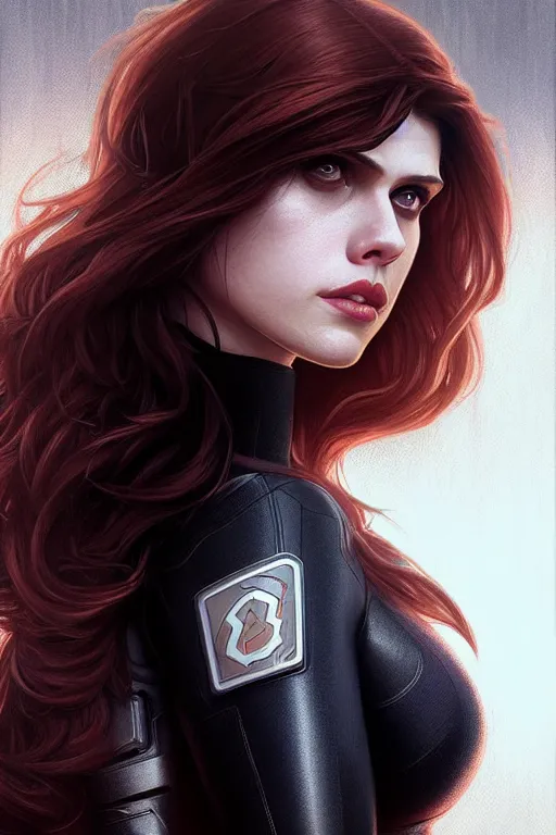 Prompt: alexandra daddario as black widow, realistic portrait, symmetrical, highly detailed, digital painting, artstation, concept art, smooth, sharp focus, illustration, cinematic lighting, art by artgerm and greg rutkowski and alphonse mucha