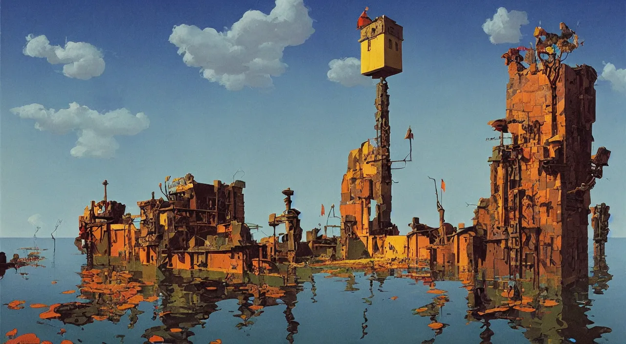 Prompt: flooded ancient colorful surreal tower, very coherent high contrast!! painting by stalenhag spitzweg magritte syd mead norman rockwell edward hopper james gilleard, dark shadows, sunny day, triadic color scheme, hard lighting, masterpiece