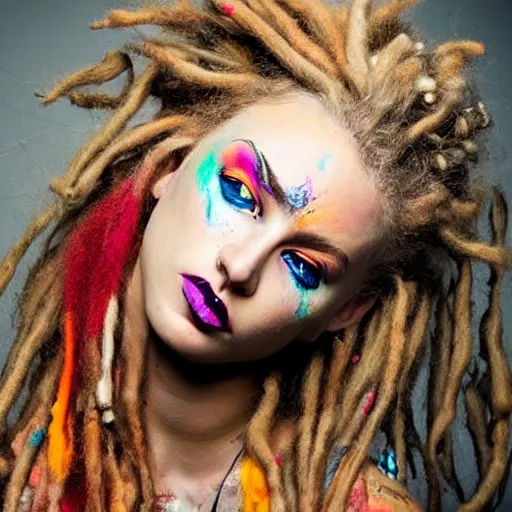 Image similar to astonishingly beautiful woman in tattered clothes revealing body, blonde dreadlocks, make up, vivid colors