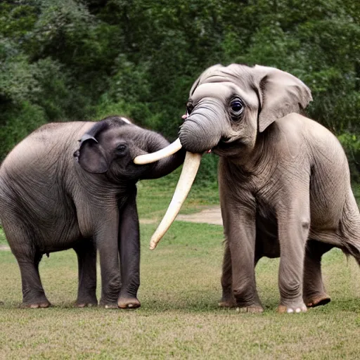 Image similar to a Elephant-Pug Hybrid, A Elephant that looks like a pug, huge tusks, afternoon hangout, good times photograph, candid