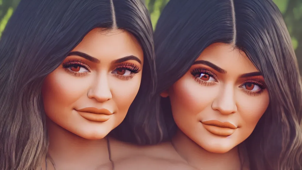 Prompt: photography of kylie Jenner, adorable eyes, cute smile, bright sunny time, serene forest setting, medium shot, mid-shot, highly detailed, trending on Artstation, Unreal Engine 4k