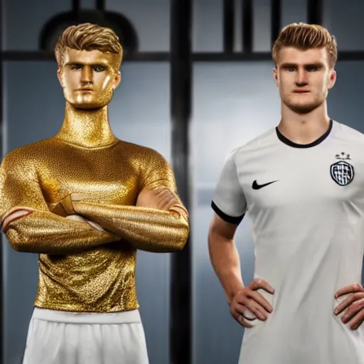 Image similar to a realistic detailed photo of a guy who is an attractive humanoid who is half robot and half humanoid, who is a male android, soccer players martin ødegaard & timo werner, shiny skin, posing like a statue, blank stare, in a factory, on display, showing off his muscles, gold soccer shorts, side view, looking at each other mindlessly