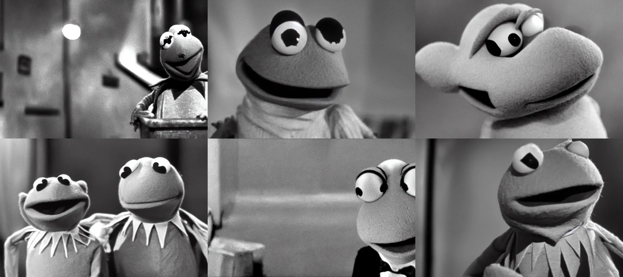 Prompt: a still of Kermit the Frog in Eraserhead (1977), 4k, cinematic, black and white, high contrast,
