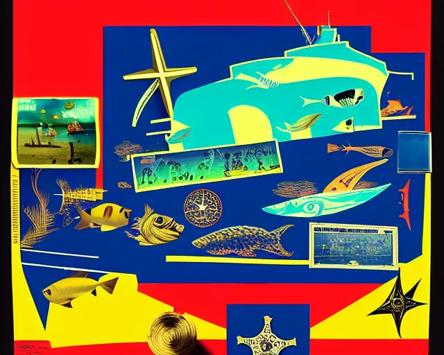 Image similar to footage of a theater stage, 1976 poster, cut out collage, film noir, break of dawn on Neptun, epic theater, tropical fish, nautical maps, NY style grafitti, in style of Monty Python, composition by Prince, written by Ernst Jandl, lens flare