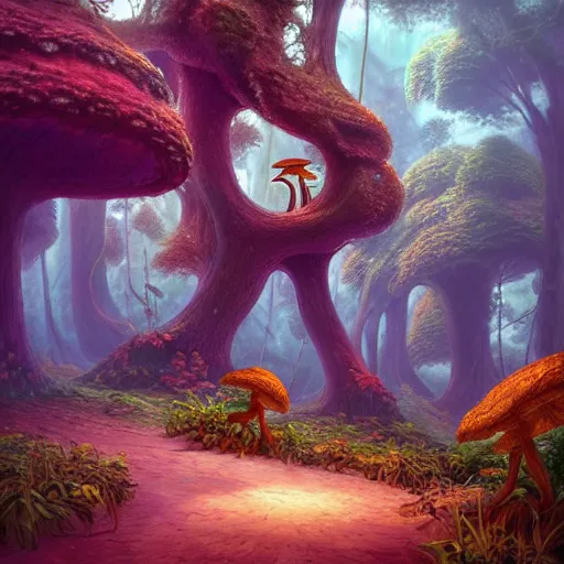 Prompt: “large intertwined chanterelle mushrooms in a magical forest by tyler edlin, acid wave colors, roger dean”