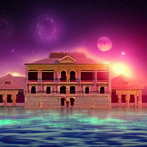 Prompt: ancient palace floating in the space, retrowave epic art, trending on art station