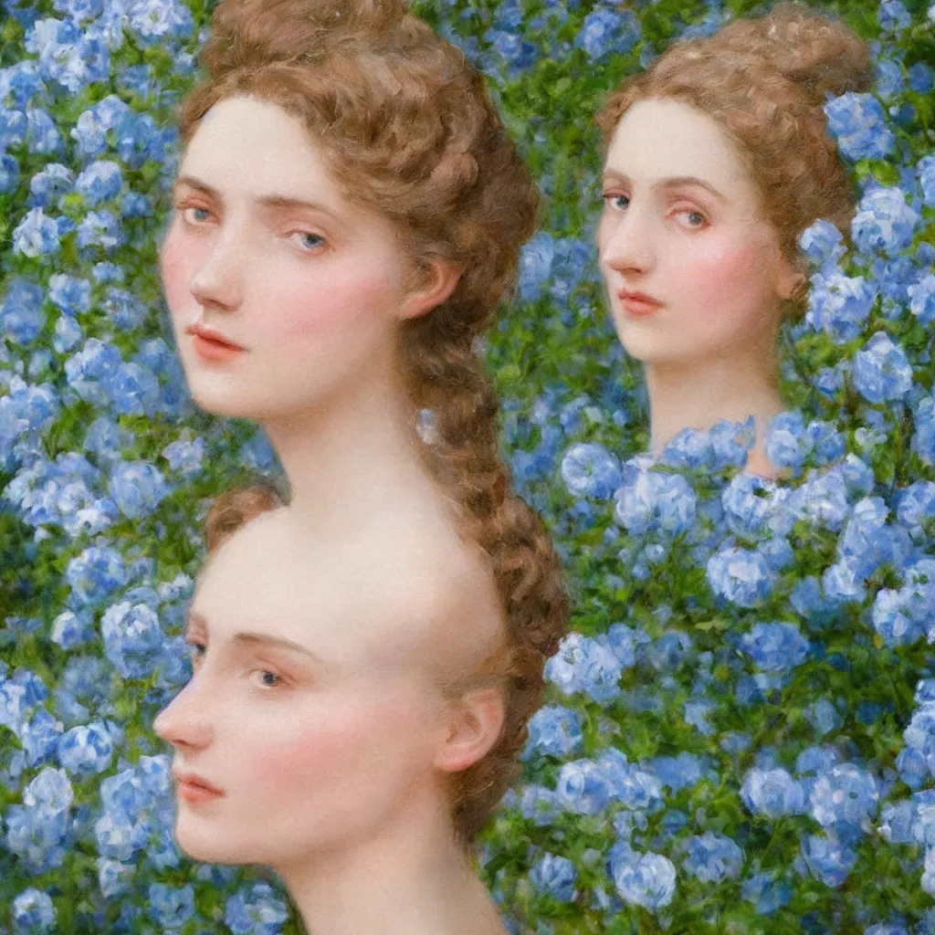 Image similar to portrait of a young lady in a light blue dress 1 9 0 0 s one entire face shown in great detail, singular person, in a beautiful garden, looking at the camera, full body in camera, blonde hair, garden, photorealistic, extreme detail, sharp focus, 8 k, intricate, hyper detailed, realistic, cinematic lighting