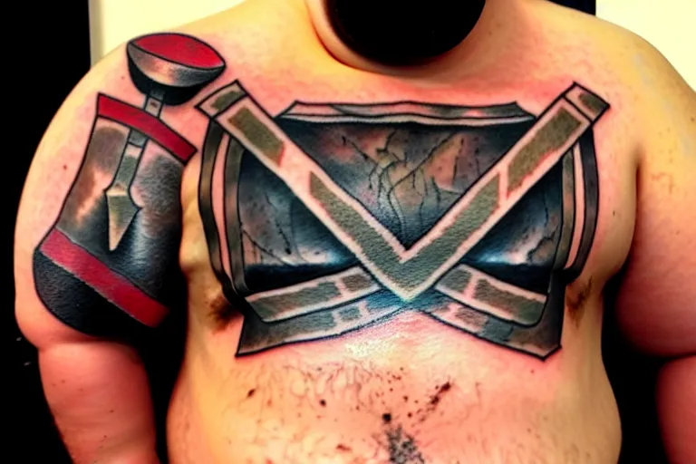 Image similar to ugly amateur tattoo of Mjölnir on a fat man's belly