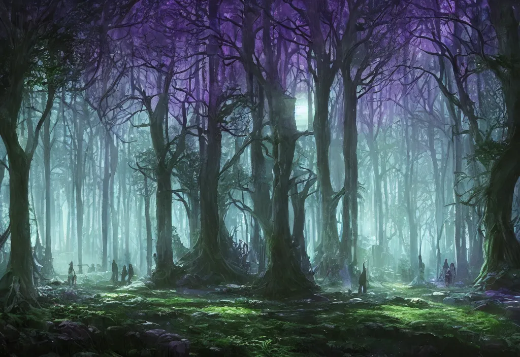 Image similar to Lothlorien at night, very dark with green lights, blue lights and purple lights, elven forest town with houses up in the trees, oil painting, very detailed, dramatic lighting, Jakub Kasper, Makoto Shinkai, Simon Stålenhag, matte painting, hyperrealistic, cinematic, elegant, intricate