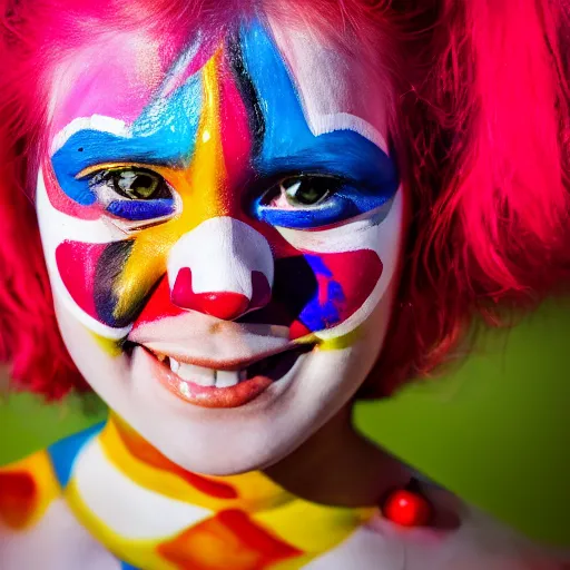 Image similar to a abstract shaped portrait of a abstract girl who has face - painting like a clown smiling creepily. depth of field. lens flare