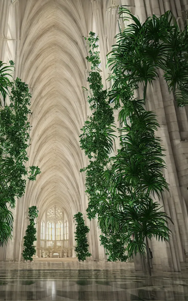 Image similar to beautiful grand cathedral interior with!! koi pond!! in the! middle! surrounded by palm trees, ivy,!! flowers!!, ( tropical plants ),!! roses!!, and with archways, rendered in octane render with photorealistic volumetric cinematic lighting, wide angle, horizontal symmetry, symmetrical! 8 k