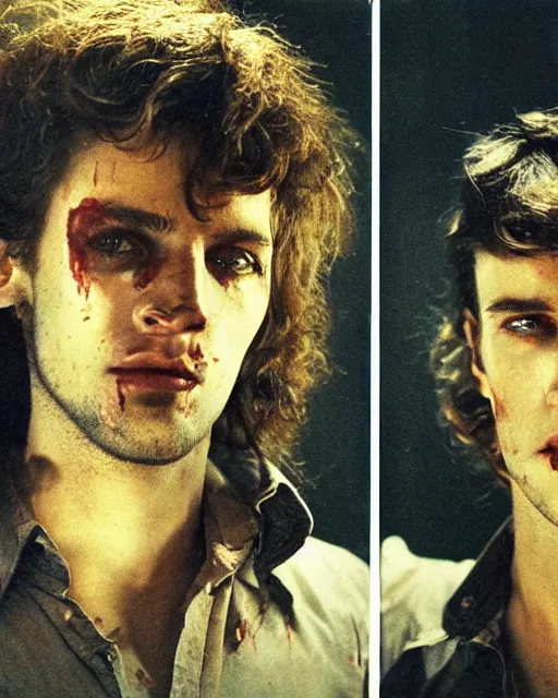 Image similar to two handsome but sinister young men in layers of fear, with haunted eyes and wild hair, 1 9 7 0 s, seventies, wallpaper, a little blood, moonlight showing injuries, delicate embellishments, painterly, offset printing technique