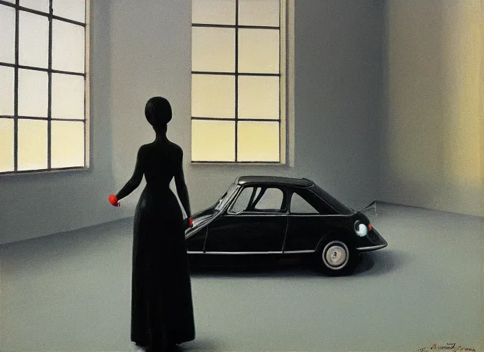 Prompt: A beauty woman with a black balloon stands at Citroën DS 19 in Rome , highly detailed, soft lighting, elegant, by Edward Hopper and James Gilleard, Zdzislaw Beksinski, Steven Outram, highly detailed