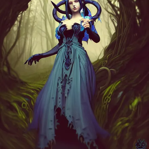 Image similar to wide angle, necromancer tiefling, blue dress, jeweled horns, focused, forest, female, d & d, fantasy, intricate, elegant, highly detailed, long black hair, digital painting, artstation, octane render, concept art, matte, sharp focus, illustration, hearthstone, art by artgerm, alphonse mucha johannes voss