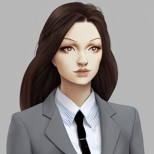 Prompt: woman in grey business suit, brown neat hair, pixiv, fanbox, trending on artstation, portrait, digital art, modern, sleek, highly detailed, formal, serious, determined, competent, colorized, smooth, charming, pretty, safe for work, thick