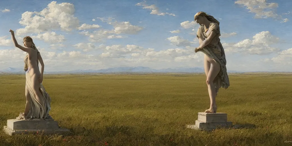 Prompt: Lone statue in a vast field by Alexander Averin and Charlie Bowater and Guillaume Seignac and Charles Edward Perugini