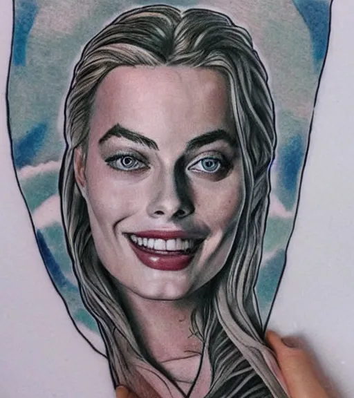 Prompt: tattoo design sketch of margot robbie and beautiful mountain scenery mash up, in the style of maaika de jong, surrealist, amazing detail, sharp